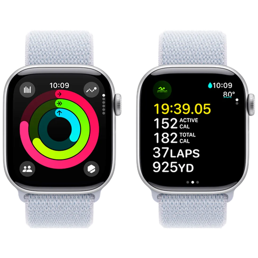Pametni ure APPLE Watch S10 4G 42mm Srebrna, Svetlo Modra Nylon Trak (MWX53QF/A)