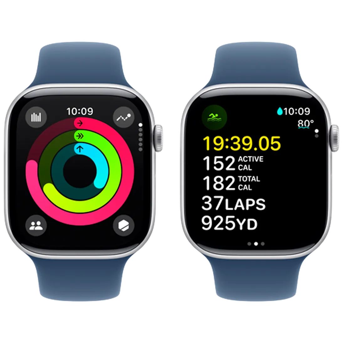Pametni ura APPLE Watch S10 4G 42mm Srebrna, Modra gumijasta zapestnica M/L (MWX43QF/A)